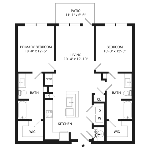 Floor plan for 2 beds, 2 baths, 1021 sqft